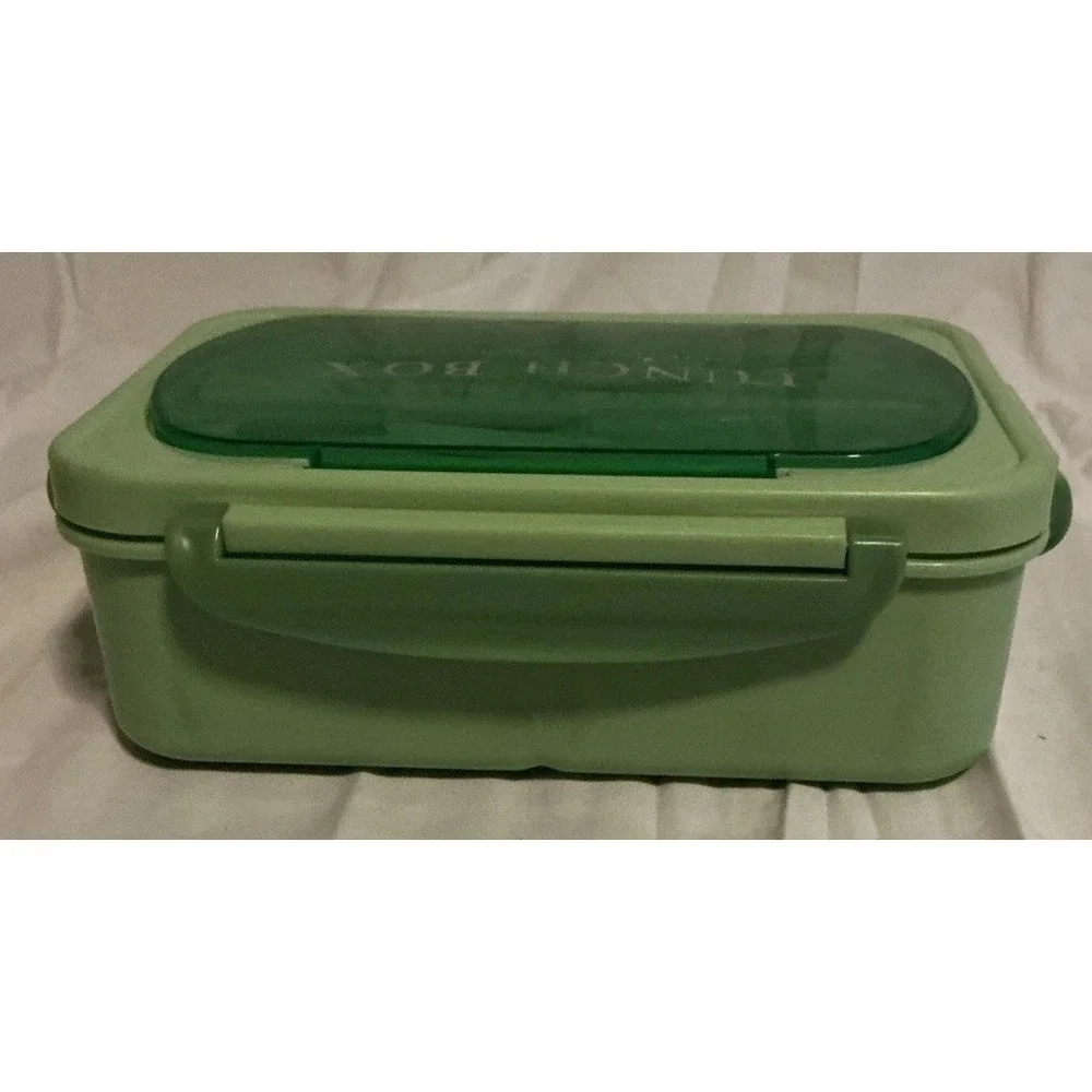 Lunch‎ Box Avacado Green Plastic Utensils Chopsticks Fork Knife Spoon Snap Sides